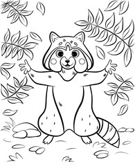 Coloring page outline of cute cartoon raccoon. Vector image with nature background. Coloring book of forest wild animals for kids