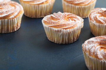Vanilla muffins in powdered sugar over dark texture background. Selective focus, copyspace