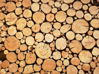 Sawn timber logs stacked for a wood burning stove. Close up in full frame and a horizontal format.