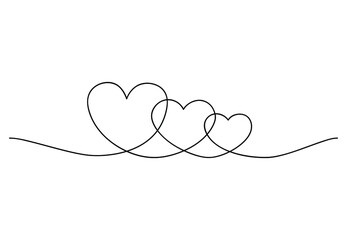 Continuous line drawing of hearts.Valentine day card with hearts made of one line. Vector hand drawn illustration isolated on white background. Wedding, love and relationships concept