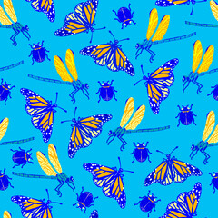 Seamless summer pattern with butterflies and dragonflies