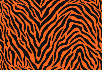 Tiger print seamless pattern. Tiger stripes, abstract backdrop with irregular shapes. Trendy animalistic texture for textile, print, fabric, apparel, wallpaper, wrapping. Vector illustration