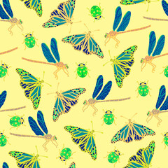 Seamless summer pattern with butterflies and dragonflies