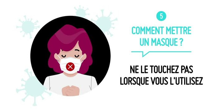 Coronavirus tips: How to wear a surgical mask properly. Comment mettre un masque : 5. Ne le touchez pas lorsque vous l&rsquo;utilisez. French language. Safety advice animation 