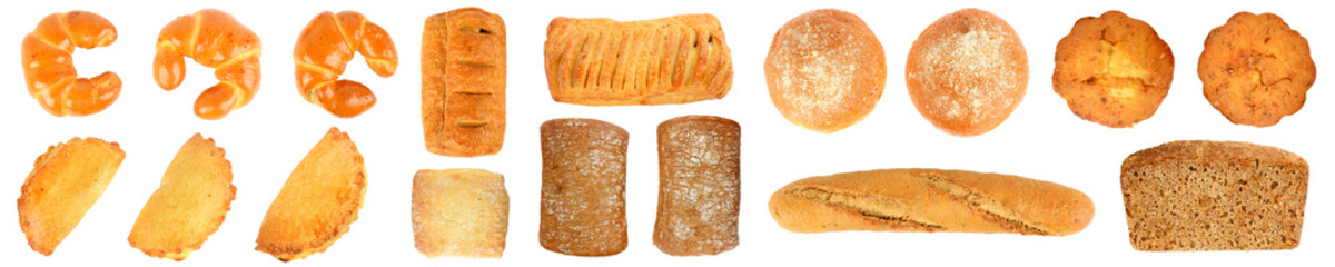 Big set of fresh baked goods isolated on white
