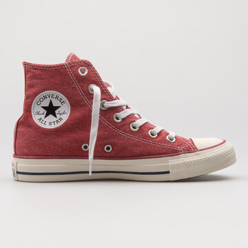 VIENNA, AUSTRIA - FEBRUARY 19, 2018: Converse Chuck Taylor All Star High red sneaker on white background.
