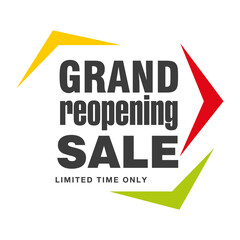 Grand reopening sale display tipography lettering colorful black white background banner