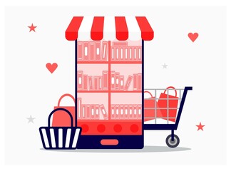 Media book library concept, E-book flat illustration