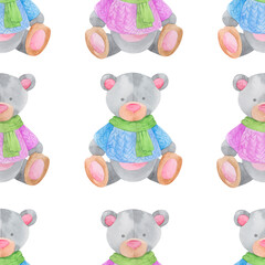 watercolor illustration, seamless pattern, teddy bear toy for baby design, wallpaper and fabric ornament, wrapping paper