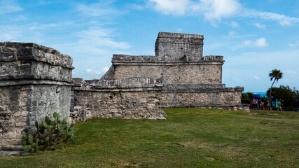 Side view of the highest temple(castle) situated in the ancient Mayan city of Tulum in Quintana Roo, Mexico.