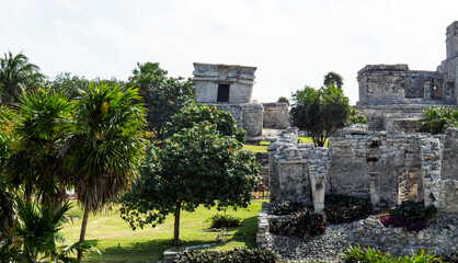 Temples in the tropical nature situated in the ancient Mayan city of Tulum in Quintana Roo, Mexico.