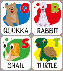 ABS. Part 5 of the full english alphabet with cute animals for kids education. Letters Q, R, S, T and funny zoo hand-drawn characters. Quokka, rabbit, snail, turtle. Vector cartoon illustration.