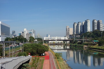 Sao Paulo/Brazil: Tiete river, cityscape and buildings