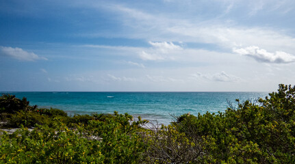 Beautiful view of the Ocean and nature from the ancient Mayan city of Tulum in Quintana Roo, Mexico.