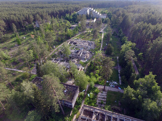 The destruction of the remnants of communism (drone image).Totally marauded and vandalised by ukrainian patriots after Revolution Dignity in 2014 kids summer camp. Kiev region. Ukraine