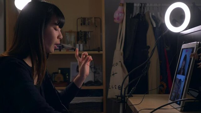 Asian Woman Does a Video Call in the Social Distance Era, Interior Room 4K