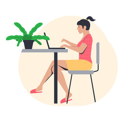 Freelance work concept. Young girl working from home. Freelancer in a comfortable pose on the couch. Vector illustration