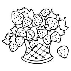 vector illustration, doodle linear pattern, ripe strawberry in basket, in black, natural product, isolate on a white background