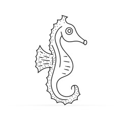 Outline underwater animal isolated on white. Seahorse in water. Sketch hand drawing art line. Coloring page book. Outline sea life. Vector stock illustration. EPS 10