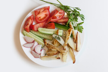 grilled potato with vegetables on white background