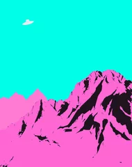 Zelfklevend Fotobehang Esthetische retro - vintage minimaal plat ontwerp van berglandschap en UFO-illustratie in felle neonpastelkleur © Summer Candy