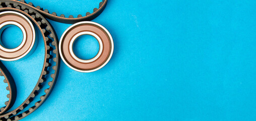 Timing belt with rollers on background .Kit of timing belt for car engine