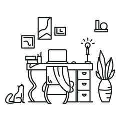 Working room icon.Comfortable workplace line sign.Workspace interior for working from home.Linear workstation with laptop computer for seo or freelancer.Pictogram vector illustration.Editable stroke