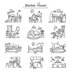 Obraz premium Rooms set of line icons.Kitchen, living room, bedroom, home workplace signs collection.Modern apartment furniture and accessories.Home interior, lifestyle concept.Vector illustration.Editable stroke