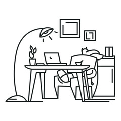 Working room line icon.Cozy workplace at home. Space with desk , armchair and laptop for freelancer or developer workspace. Home interior outline. thin linear vector illustration.Editable stroke
