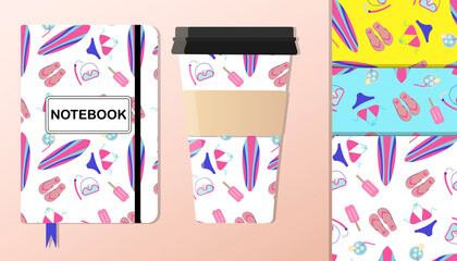 A pattern with summer accessories a swimsuit, surfboard, flip-flops, a set for snorkeling ice cream and cooling drinks. The background is depicted on a notebook and coffee cups. Background for flat