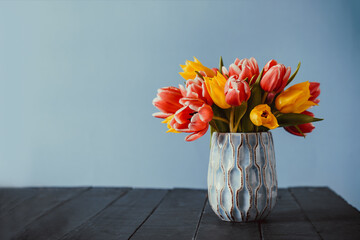 Fresh spring yellow and pink tulips bouquet in vase standing on black wooden table with gray blue...