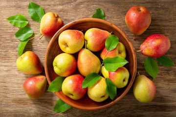 fresh pears with leaves in a bowl on a wooden table, top view