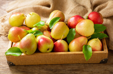 fresh pears with leaves in a box on a wooden table