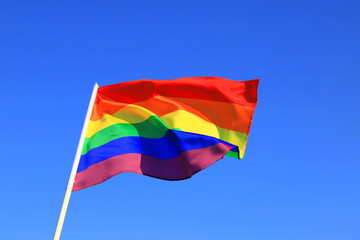 LGBT pride flag include of Lesbian, gay, bisexual, and transgender. Rainbow Flag of LGBT organization flies against a sky
