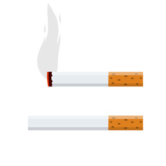 Cigarette. Smoking and a cigarette butt with smoke. Bad habit. Set of Horizontal objects. Harm and health. Flat cartoon illustration isolated on white
