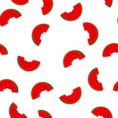 Seamless pattern with watermelon slice on white background. Summer illustration with colorful cute fruits. Food concept. Vector print for invitation, poster, card, fabric, textile.