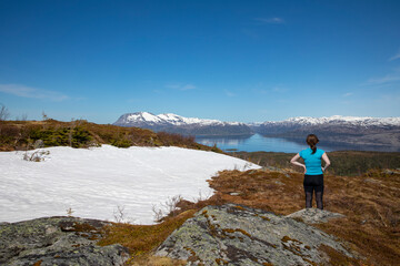 Fototapeta premium Hike to the Hilstad mountain in Velfjord, Brønnøy municipality, Nordland county