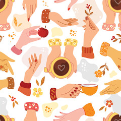 A seamless pattern consisting of womens hands in various gestures and with different objects and without. Flat style.