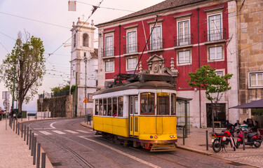 Old tram on a street of Lisbon in Portugal