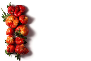 Trendy ugly food fresh red strawberry on the left side on white isolated background with hard shadows.  Misshapen produce, food waste problem concept