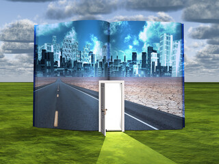 Future city. Surrealism. Book with opened door and road to city of future