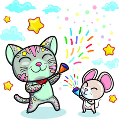 Happy mice and cat celebrating New Year's party with fire work in the night of stars and floating clouds cartoon vector