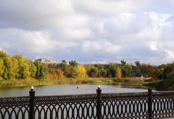 The large pond and park, autumn landscape in Eastern Europe