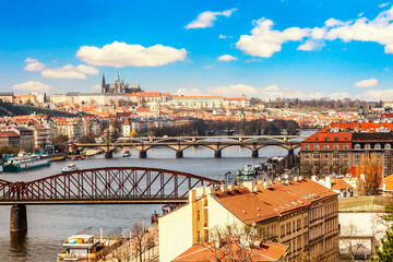 Prague Castle and Mala Strana district during summer sunny day in Prague, Czech Republic. View from Vysehrad