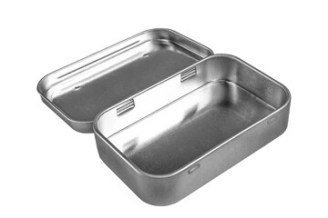 Fototapeta na wymiar Silver shiny food container isolated on white background. Empty metallic tin can 