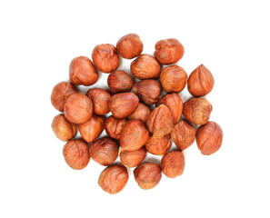 Peeled hazelnuts isolated on white background. No shell