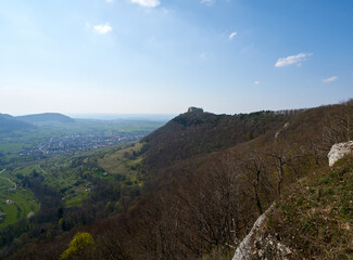 Castle fortress hohenneufen on the swabian alp in south germany, green lush landscapes