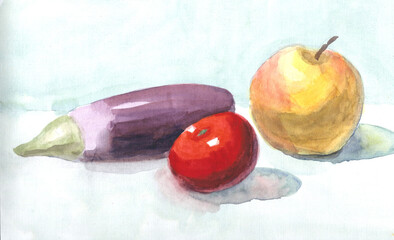 Sketch with eggplant, apple and tomato, watercolor