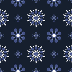 Seamless abstract vector pattern. Vintage folk print imitation printed fabric. For wear, fabric, textile, phone case, home textile. Simple pattern made up of circles on a dark background