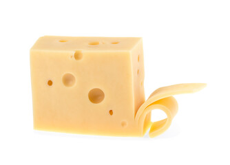 Cow cheese with holes on a white background, isolated.